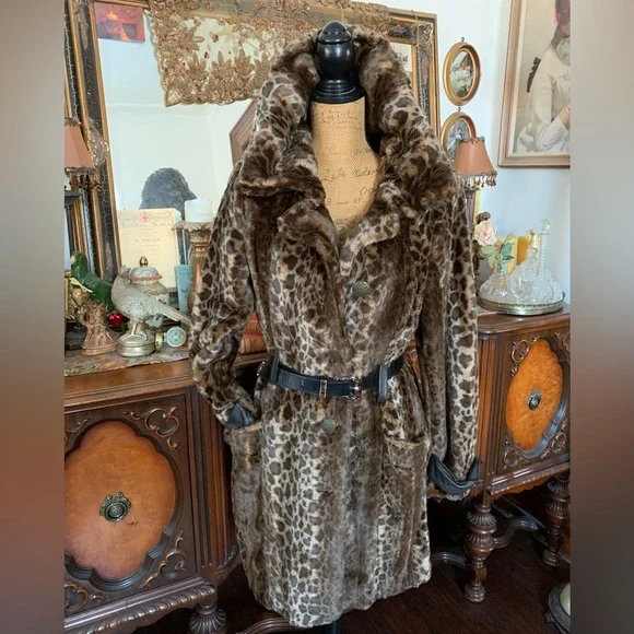 Vintage Amazing Sexy Classy Boho Soft Faux Fur Leopard Print High Collared Coat - Picture 2 of 16